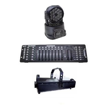 Imagem de Kit 2 Mini Moving Wash 18X3W M183+Dmx 512+M.De Fumaça 3000W