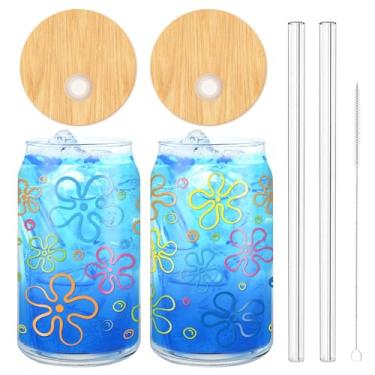 Imagem de JarThenaAMCS Pacote com 2 copos de esponja de desenho animado 473 ml Copo de vidro com bolhas de flores coloridas copo de café gelado com tampa canudo para aniversário, chá de bebê, coquetel, uísque