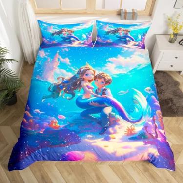 Imagem de Conjunto de capa de edredom de princesa sereia fofo, tamanho king, céu estrelado, peixe coral, decoração de quarto de meninas e mulheres, capa de edredom de criatura marinha submarina, capa de edredom