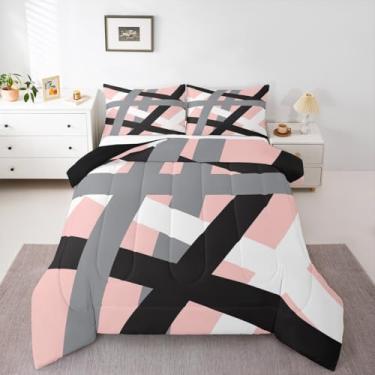 Imagem de Feelyou Conjunto de cama de arte abstrata, macio, para meninos e meninas, rosa, cinza, listras pretas, conjunto de edredom geométrico, tamanho Queen, microfibra geométrica, decoração de quarto, 3