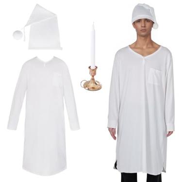 Imagem de mifengda Conjunto de pijama masculino, fantasias de Halloween para homens, com camisola, castiçal, vela e vela para festa de cosplay, Branco, GG