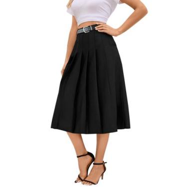 Imagem de Saia cromoncente longa plissada de cintura alta com bolsos pretos