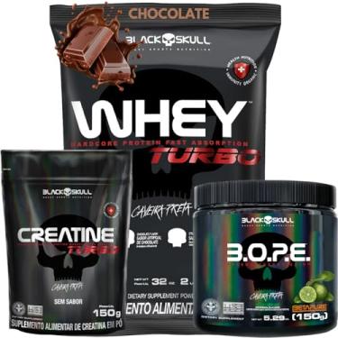 Imagem de Whey Protein + Creatina Monohidratada + Pré-Treino - Kit Protein Concentrado + Creatina Monohidratada Turbo 150g + Pré-Treino B.O.P.E 150g - Black Skull (Whey Turbo Chocolate - B.O.P.E Limão)