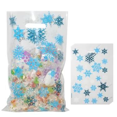 Imagem de Chanseen 100 unidades de sacos plásticos transparentes de floco de neve, sacos de presente de Natal com alças de inverno, sacola pequena para guloseimas e doces para biscoitos, pequenos presentes