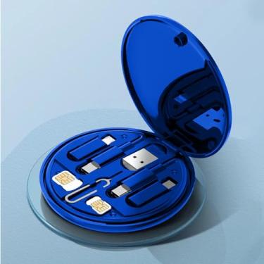 Imagem de Caixa de armazenamento de cabos multifuncional com cabos de carregamento e suporte de cartão SIM, organizador compacto para viagens e uso no escritório, azul