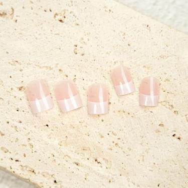 Imagem de Unhas de pressão estilo francês clássico, rosa claro com design de ponta branca, formato quadrado curto, material durável e brilhante, lixa de unha e cola gelatinosa incluídos, ideal para escritório