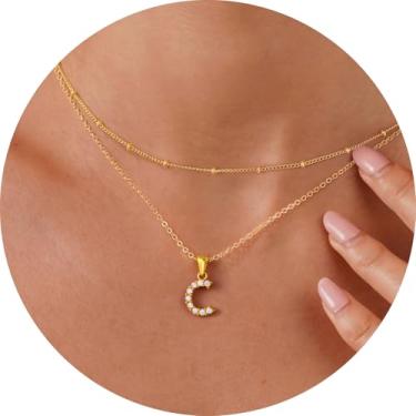 Imagem de Colar feminino com inicial CZ em camadas, pingente delicado de letra A a Z, joia banhada a ouro de corrente dupla, presente personalizado, 14+2in/16+2in, Aço inoxidável, Sem Pedra Preciosa
