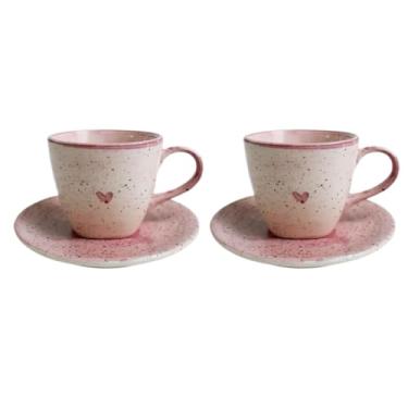 Imagem de XíCara e Pires de CerâMica Pintados à Mão em Formato de CoraçãO Rosa, 200 Ml,Jogo de Xicaras de Cafe Com Pires(2 Unidade)