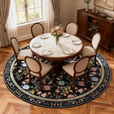 Imagem de jinchan Tapete redondo de 2,4 m, tapete floral lavável antiderrapante, tapete de flor chinoiserie grande área circular pilha baixa, tapetes de manchas para sala de estar, quarto, sala de jantar, preto