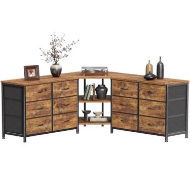 Imagem de Huuger Cômoda de 121 cm para quarto, suporte de TV de canto para TV de 139 cm, cômoda de gaveta em forma de L com armazenamento e prateleiras abertas, cômoda de tecido de 12 gavetas para armário