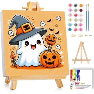 Imagem de cviokrdu Kit de pintura de Halloween por números para crianças com moldura - cavalete de madeira, pintura fantasma por números para crianças de 4 8 e 12 anos, kits fáceis de pintura a óleo acrílica