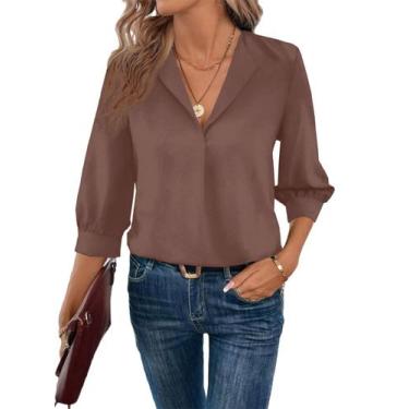 Imagem de Blusa feminina casual Astylish com decote em V e manga 3/4, café