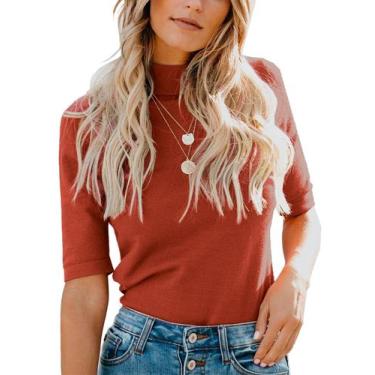 Imagem de Top feminino LIYOHON, simulação de gola alta, meia manga, laranja