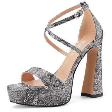 Imagem de Sandálias femininas de salto alto grosso, plataforma aberta, peep toe, tira no tornozelo, salto com tiras e fivela de tira cruzada única para mulheres, casamento sexy, 12 cm, Patente de flor preta, 40