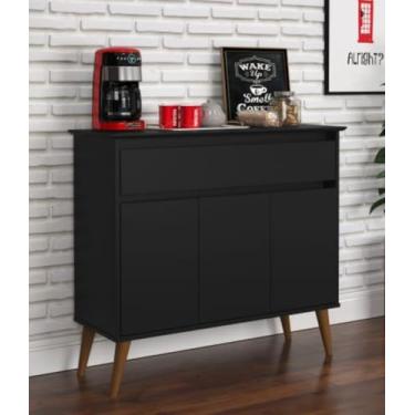 Imagem de Aparador Buffet Retrô Preto Pés de Madeira com 3 Portas e Gaveta Zeus