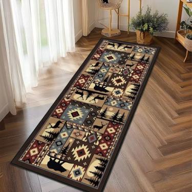 Imagem de Cabin Wildlife Runner Tapete 5 x 15, xadrez búfalo, alce, veado, campo, vintage, lavável, tapete de cozinha, tapete rústico para corredor, tapete de entrada antiderrapante para entrada, lavanderia