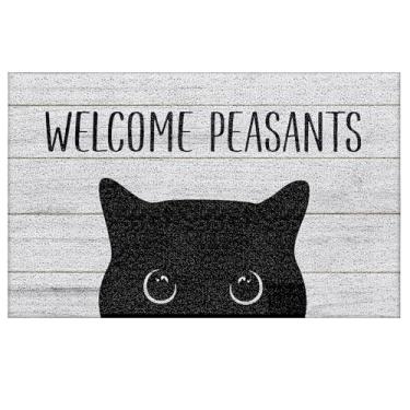 Imagem de YTRGI Tapetes engraçados de boas-vindas de gato preto para porta da frente coberta ao ar livre, capacho Welcome Peasants Black Cat Doormat Outdoor Indoor Entryway Alpendre, decoração de gatos, 43 x 99