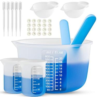 Imagem de 32 kits de ferramentas de copos medidores de resina de silicone, copos medidores de 600 e 100 ml, bastões de agitação de silicone, berços de dedo para mistura de resina epóxi, pipetas, perfeitos para