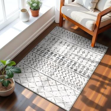 Imagem de GERUIMO Tapete lavável à máquina 5 x 7 cm para entrada, cinza e branco vintage marroquino, tapete antiderrapante de lã sintética macia, adequado para crianças e animais de estimação para quarto