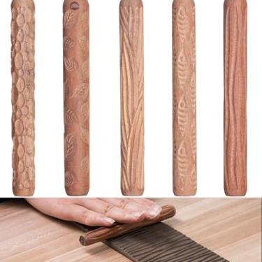 Imagem de Mini rolos manuais, pinos de folha de madeira ondulados, textura de 5 peças para rolos de grão de paralelepípedos de peixe, rolos de argila DIY