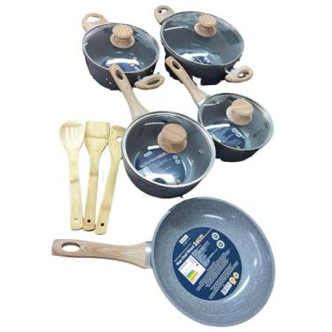 Imagem de Jogo de Panelas Antiaderente 8 Peças, Revestimento Cerâmico, Cinza e Azul, Cabo Madeira, Compatível com Indução, 2 Caçarolas, 2 Panelas, Frigideira, 3 Utensílios- Cores SORTIDAS
