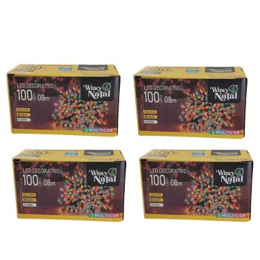 Imagem de Kit 4 Piscas LED Colorido Sequencial 100 Lâmpadas 8 Funções Fio Verde 8 Metros 127V