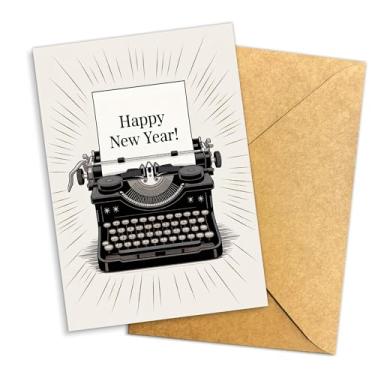 Imagem de Podagree Cartão de Feliz Ano Novo Design Vintage Máquina de Escrever Saudação Retrô para Escritores, Leitores, Colegas de Trabalho, Amigos, Família, Elegante, Minimalista, Papelaria de Férias 2026