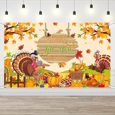 Imagem de AIBIIN Pano de fundo de Dia de Ação de Graças Gobble Till You Wobble Banner Fall Harvest Turkey Photo Booth Decoration 179,88 x 110 cm, folhas de bordo, torta de abóbora, suprimentos de festa de Ação