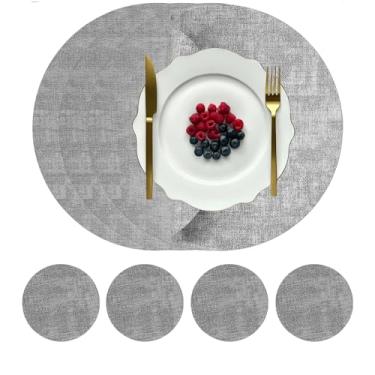 Imagem de QSYZAIL Jogo americano redondo conjunto de 4, tapetes de mesa laváveis de couro sintético de vinil com porta-copos para cozinha, festa ao ar livre