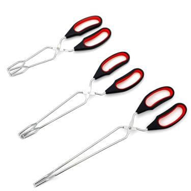 Imagem de Conjunto de pinças de aço inoxidável de 3 peças, pinças para churrasco, pão e carvão, 24 cm, 28 cm, 33 cm, cabo de plástico vermelho-preto, fácil de limpar e usar