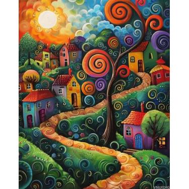 Imagem de VNUIEHG Kit de pintura colorida de vila por números para adultos, pintura estética moderna por número em tela, kits de pintura a óleo digital de arte abstrata adequados para decoração de parede de