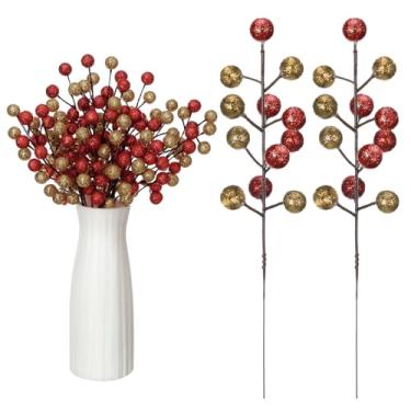 Imagem de zsccxq 24 peças de decoração de árvore de Natal artificiais, ramos de baga artificial, enfeites de galhos de bagas coloridas de azevinho de Natal (ouro vermelho)