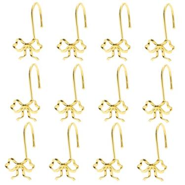 Imagem de Kreapa Ganchos dourados para cortina de chuveiro, 12 peças de ganchos de cortina de chuveiro dourados metálicos para decoração de banheiro, elegantes e à prova de ferrugem, adequados para varões de