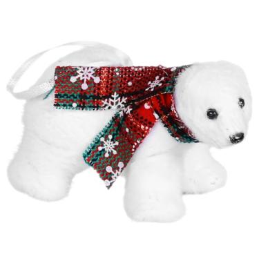 Imagem de Enfeite de urso fofo com cachecol de floco de neve, urso branco de pelúcia macia de 12 x 7 cm para árvore de Natal, casa, porta, mesa, decoração de janela, para a família