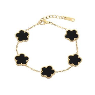 Imagem de Pulseira feminina de trevo de cinco folhas, banhada a ouro 18 K, delicada, pingente da sorte, ajustável, hipoalergênico, joia de aço inoxidável elegante, presente diário para ela