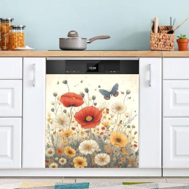 Imagem de ATTX Capa de ímã vintage de flores silvestres para lava-louças, 58,4 cm C x 66 cm A, decoração da capa frontal da máquina de lavar louça, decalques para armários domésticos e eletrodomésticos #17