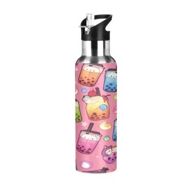 Imagem de Blueangle Garrafa de água de aço inoxidável Kawaii Bubble Tea de 590 ml - Garrafa esportiva de metal isolada à prova de vazamento para academia, acampamento, fitness ao ar livre e viagens (629)