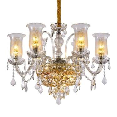 Imagem de Sala de estar em estilo europeu, luminária pendente de luxo, hall de entrada duplex, iluminação principal, villa autoconstruída de alto padrão e com atmosfera sofisticada, luminárias residen