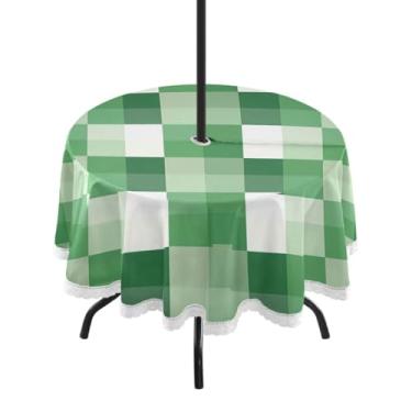 Imagem de CEBUGI Toalha de mesa redonda para uso ao ar livre, estampa de guingão, verde, impermeável, com furo Umberlla, capa de mesa lavável para pátio, cozinha, sala de jantar, 152 cm