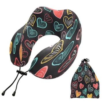 Imagem de CEBUGI Travesseiros de viagem portáteis em forma de U, travesseiro de pescoço de espuma viscoelástica com trava de corda ajustável para avião, viagem, trem, negócios, escritório, cochilo (corações de
