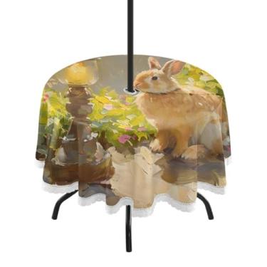 Imagem de CEBUGI Toalha de mesa redonda para ambientes externos, coelhinho da Páscoa, impermeável, com furo Umberlla, capa de mesa lavável para pátio, cozinha, sala de jantar, 152 cm