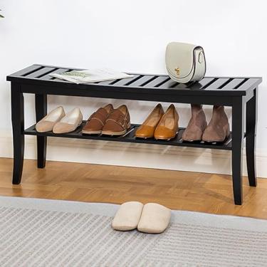 Imagem de uhyOHF Banco de sapateira de bambu, banco longo de fazenda com compartimentos de armazenamento, organizador de sapatos de armazenamento comporta até 136 kg, para entrada, quarto, sala de estar (99