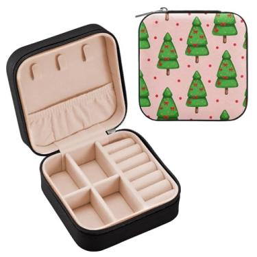 Imagem de Wassud Caixa de joias de viagem com laços de árvore de Natal para mulheres, meninas, senhoras, noiva, mini organizador de joias de couro PU, caixa quadrada de armazenamento de joias para brincos