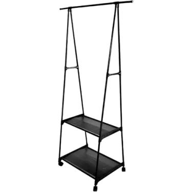 Imagem de Estante Cabideiro Arara com 2 Prateleiras e Rodinhas – Organizador de Roupas Estilo Closet Aberto, Ferro Preto com Travas de Segurança