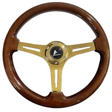 Imagem de Hiracing Volante clássico universal de grão de madeira de 35,5 cm dourado cromado 3 raios 1,5 profundidade 350 mm com botão de buzina 6 parafusos (-11)