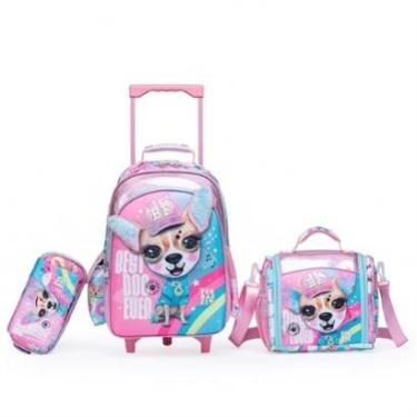 Imagem de Kit Mochila Rodinhas Menina Lancheira Estojo Espaçosa Infantil-Feminino