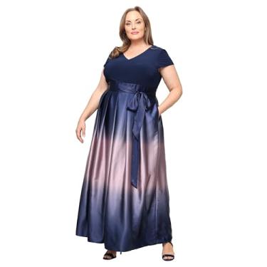 Imagem de S.L. Fashions Vestido feminino plus size manga cavada longa cetim ombré mãe da noiva com bolsos, vestido de festa formal, Azul-marinho/malva, 50