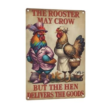 Imagem de URVIP Placa de alumínio The Rooster May Crow BUT The Hen Delivers The Goods Placa engraçada de fazenda de galinha vintage decoração de galinha e galo placa de cozinha ou galinheiro 20 x 30 cm estilo