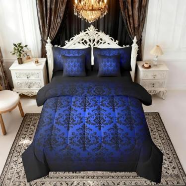 Imagem de Castle Fairy Jogo de lençol casal, vintage, preto, azul, reversível, 7 peças, estampa gótica de renda damasco, boêmio, barroco vitoriano, floral, com edredom, lençol de cima e elástico