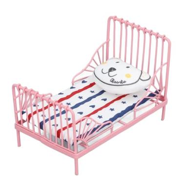Imagem de TOPINCN Cama de Casa de Bonecas, Estrutura de Cama Em Miniatura 1:12 Com Decoração de Urso, Móveis para Casa de Bonecas, Quarto, Ferro e Material de Tecido (Padrão de tira)